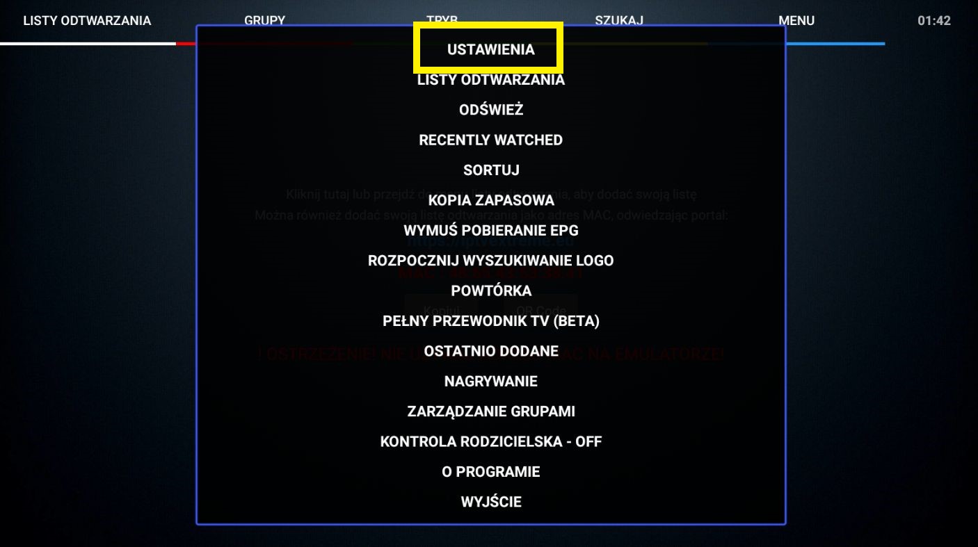 IPTV Extreme - menu ustawień